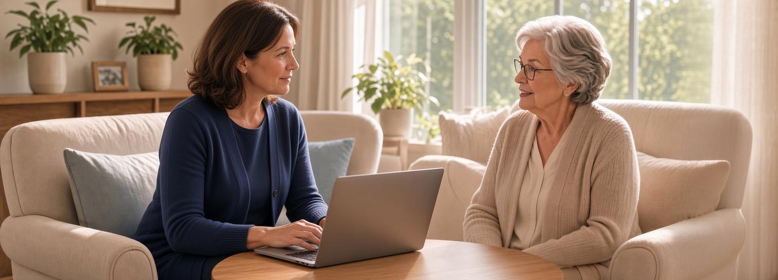 A daughter using Remembered on a laptop while she interviews her mother