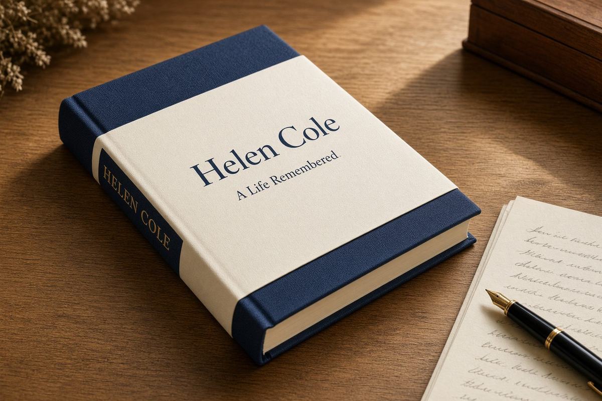 Helen Cole — A Life Remembered, navy linen hardcover with cream dust jacket